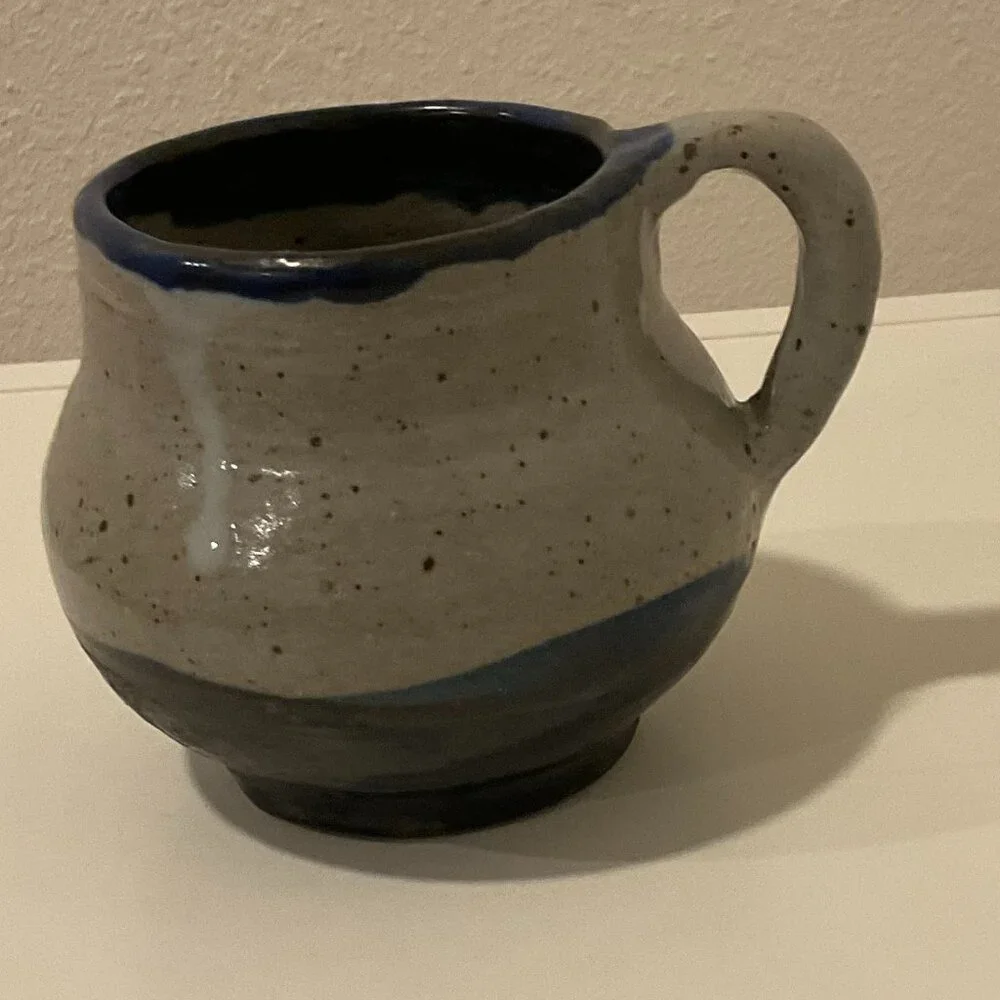 HANDMADE Speckled Whit and Blue Ceramic Mug, White and Blue, 3.5" H, Handcrafted - Picture 2 of 8